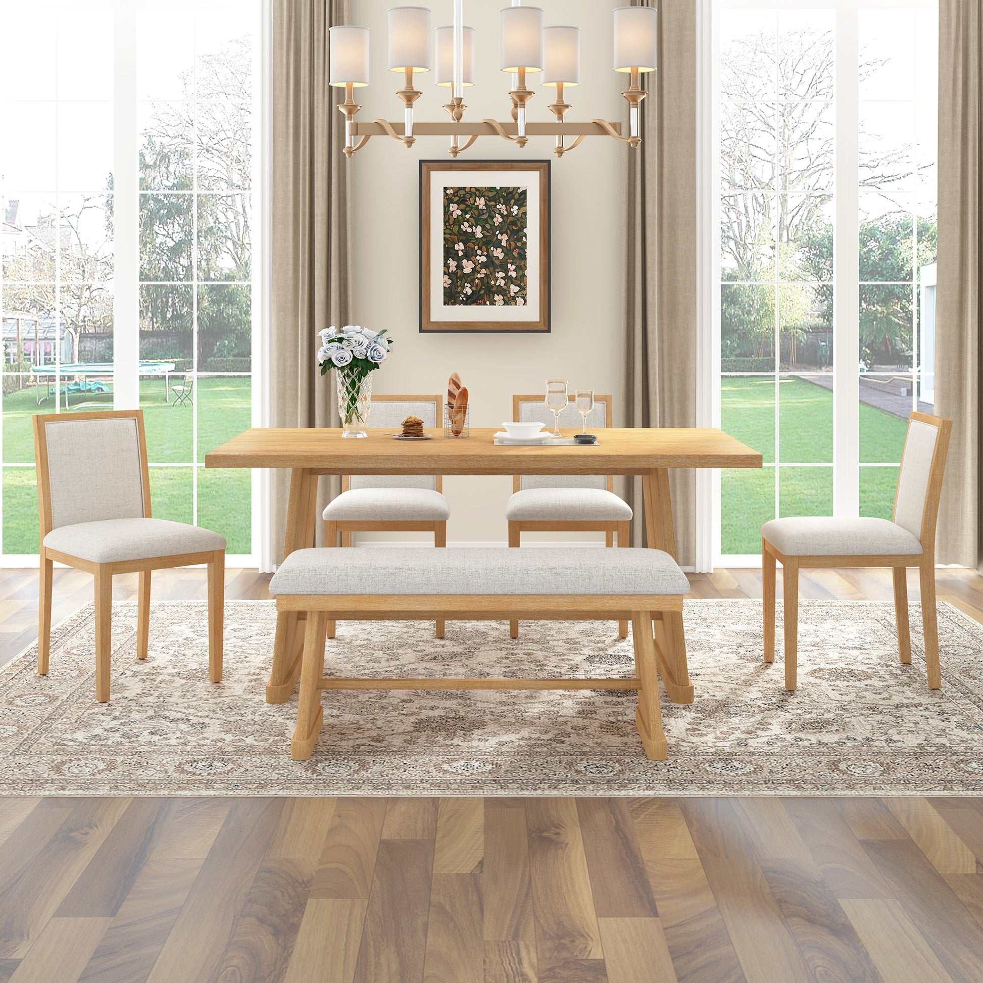 TREXM 6 - Piece Rustic Farmhouse Dining Table Set with Wire Brushed Design, Rectangular Dining Table with Trapezoid Legs, 4 Upholstered Linen Chairs & 1 Padded Bench for Dining Room & Kitchen (Natural) - 1st Choice Furniture Direct