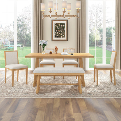 TREXM 6 - Piece Rustic Farmhouse Dining Table Set with Wire Brushed Design, Rectangular Dining Table with Trapezoid Legs, 4 Upholstered Linen Chairs & 1 Padded Bench for Dining Room & Kitchen (Natural) - 1st Choice Furniture Direct