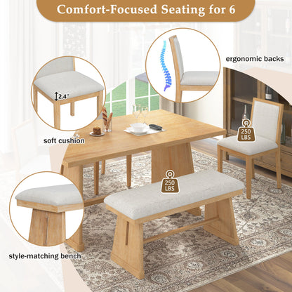 TREXM 6 - Piece Rustic Farmhouse Dining Table Set with Wire Brushed Design, Rectangular Dining Table with Trapezoid Legs, 4 Upholstered Linen Chairs & 1 Padded Bench for Dining Room & Kitchen (Natural) - 1st Choice Furniture Direct