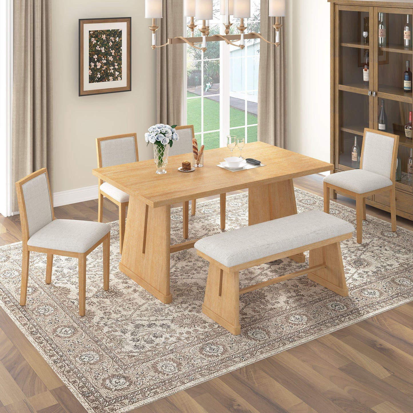 TREXM 6 - Piece Rustic Farmhouse Dining Table Set with Wire Brushed Design, Rectangular Dining Table with Trapezoid Legs, 4 Upholstered Linen Chairs & 1 Padded Bench for Dining Room & Kitchen (Natural) - 1st Choice Furniture Direct