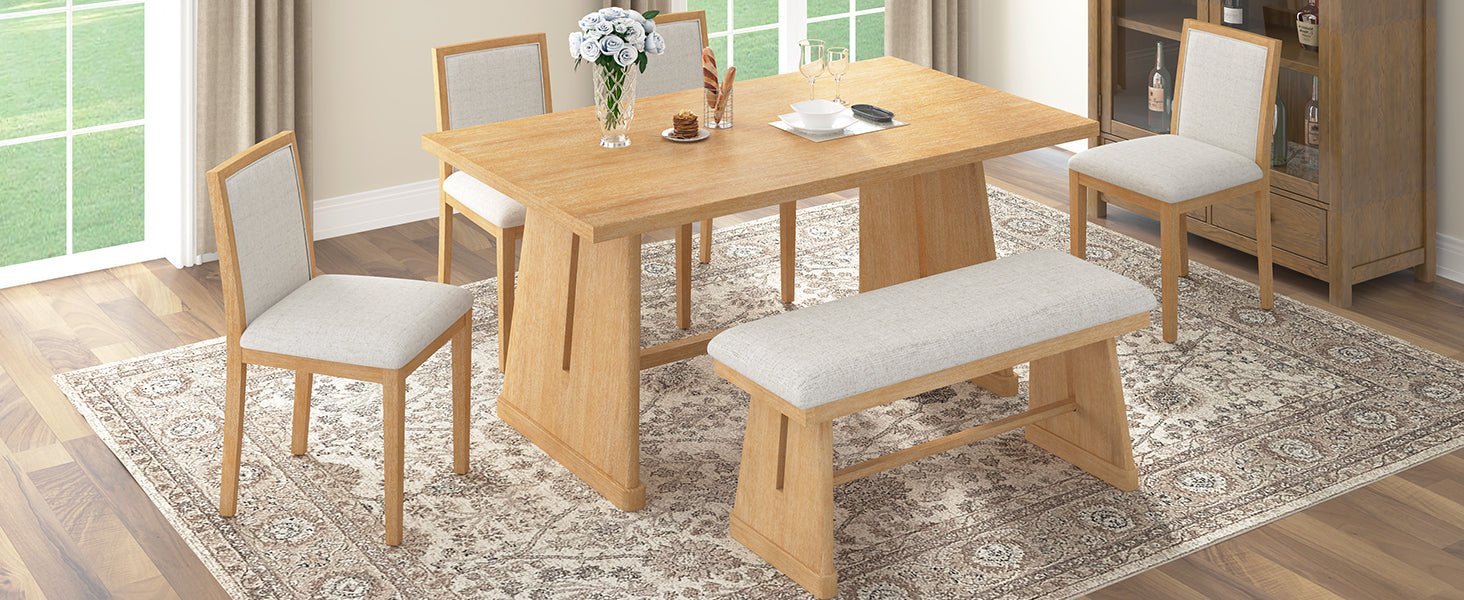 TREXM 6 - Piece Rustic Farmhouse Dining Table Set with Wire Brushed Design, Rectangular Dining Table with Trapezoid Legs, 4 Upholstered Linen Chairs & 1 Padded Bench for Dining Room & Kitchen (Natural) - 1st Choice Furniture Direct