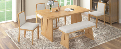TREXM 6 - Piece Rustic Farmhouse Dining Table Set with Wire Brushed Design, Rectangular Dining Table with Trapezoid Legs, 4 Upholstered Linen Chairs & 1 Padded Bench for Dining Room & Kitchen (Natural) - 1st Choice Furniture Direct