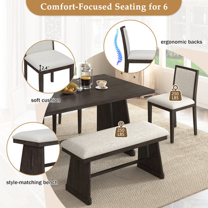 TREXM 6 - Piece Rustic Farmhouse Dining Table Set with Wire Brushed Design, Rectangular Dining Table with Trapezoid Legs, 4 Upholstered Linen Chairs & 1 Padded Bench for Dining Room & Kitchen (Espresso) - 1st Choice Furniture Direct