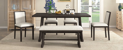 TREXM 6 - Piece Rustic Farmhouse Dining Table Set with Wire Brushed Design, Rectangular Dining Table with Trapezoid Legs, 4 Upholstered Linen Chairs & 1 Padded Bench for Dining Room & Kitchen (Espresso) - 1st Choice Furniture Direct