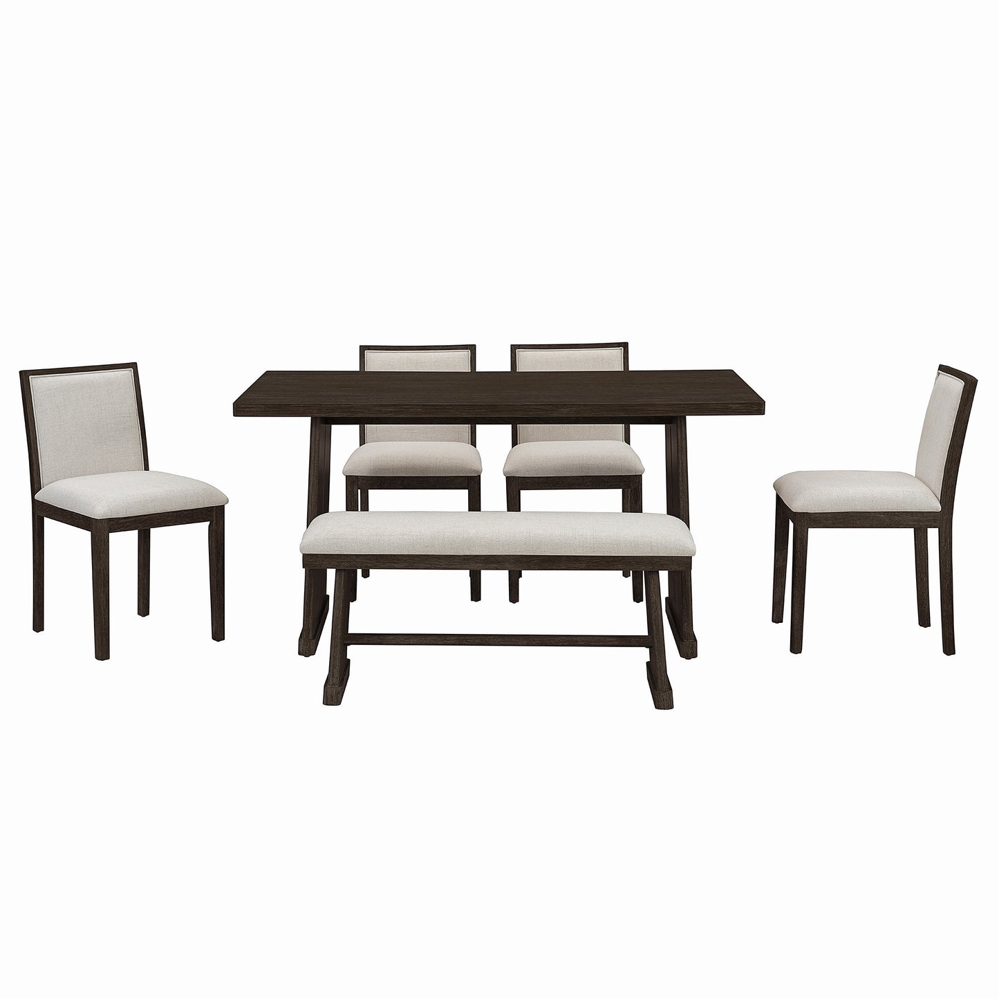 TREXM 6 - Piece Rustic Farmhouse Dining Table Set with Wire Brushed Design, Rectangular Dining Table with Trapezoid Legs, 4 Upholstered Linen Chairs & 1 Padded Bench for Dining Room & Kitchen (Espresso) - 1st Choice Furniture Direct