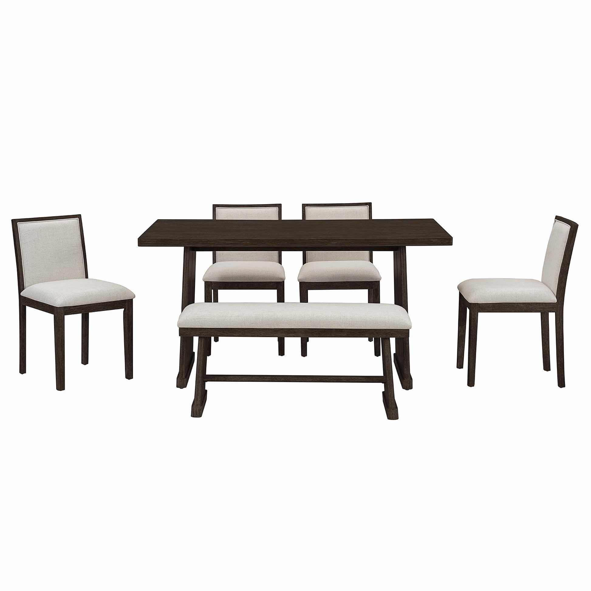 TREXM 6 - Piece Rustic Farmhouse Dining Table Set with Wire Brushed Design, Rectangular Dining Table with Trapezoid Legs, 4 Upholstered Linen Chairs & 1 Padded Bench for Dining Room & Kitchen (Espresso) - 1st Choice Furniture Direct