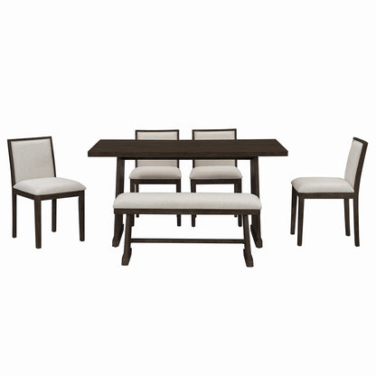 TREXM 6 - Piece Rustic Farmhouse Dining Table Set with Wire Brushed Design, Rectangular Dining Table with Trapezoid Legs, 4 Upholstered Linen Chairs & 1 Padded Bench for Dining Room & Kitchen (Espresso) - 1st Choice Furniture Direct