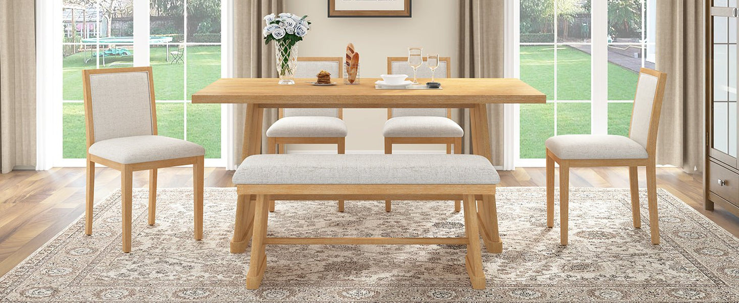 TREXM 6 - Piece Rustic Farmhouse Dining Table Set with Wire Brushed Design, Rectangular Dining Table with Trapezoid Legs, 4 Upholstered Linen Chairs & 1 Padded Bench for Dining Room & Kitchen (Natural) - 1st Choice Furniture Direct