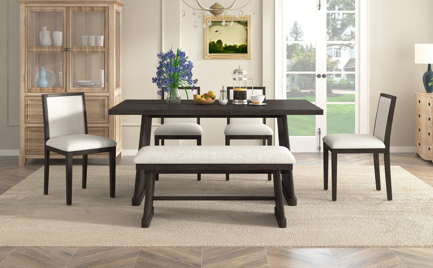 TREXM 6 - Piece Rustic Farmhouse Dining Table Set with Wire Brushed Design, Rectangular Dining Table with Trapezoid Legs, 4 Upholstered Linen Chairs & 1 Padded Bench for Dining Room & Kitchen (Espresso) - 1st Choice Furniture Direct