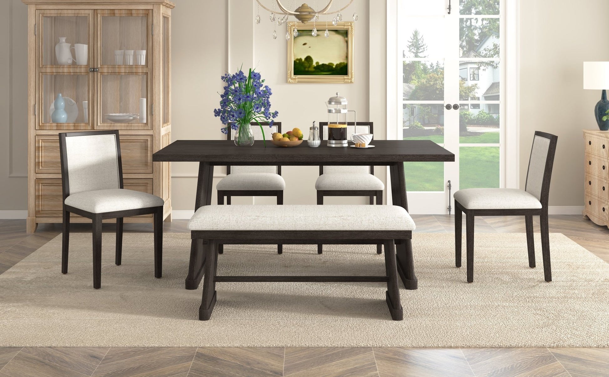 TREXM 6 - Piece Rustic Farmhouse Dining Table Set with Wire Brushed Design, Rectangular Dining Table with Trapezoid Legs, 4 Upholstered Linen Chairs & 1 Padded Bench for Dining Room & Kitchen (Espresso) - 1st Choice Furniture Direct