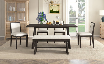 TREXM 6 - Piece Rustic Farmhouse Dining Table Set with Wire Brushed Design, Rectangular Dining Table with Trapezoid Legs, 4 Upholstered Linen Chairs & 1 Padded Bench for Dining Room & Kitchen (Espresso) - 1st Choice Furniture Direct