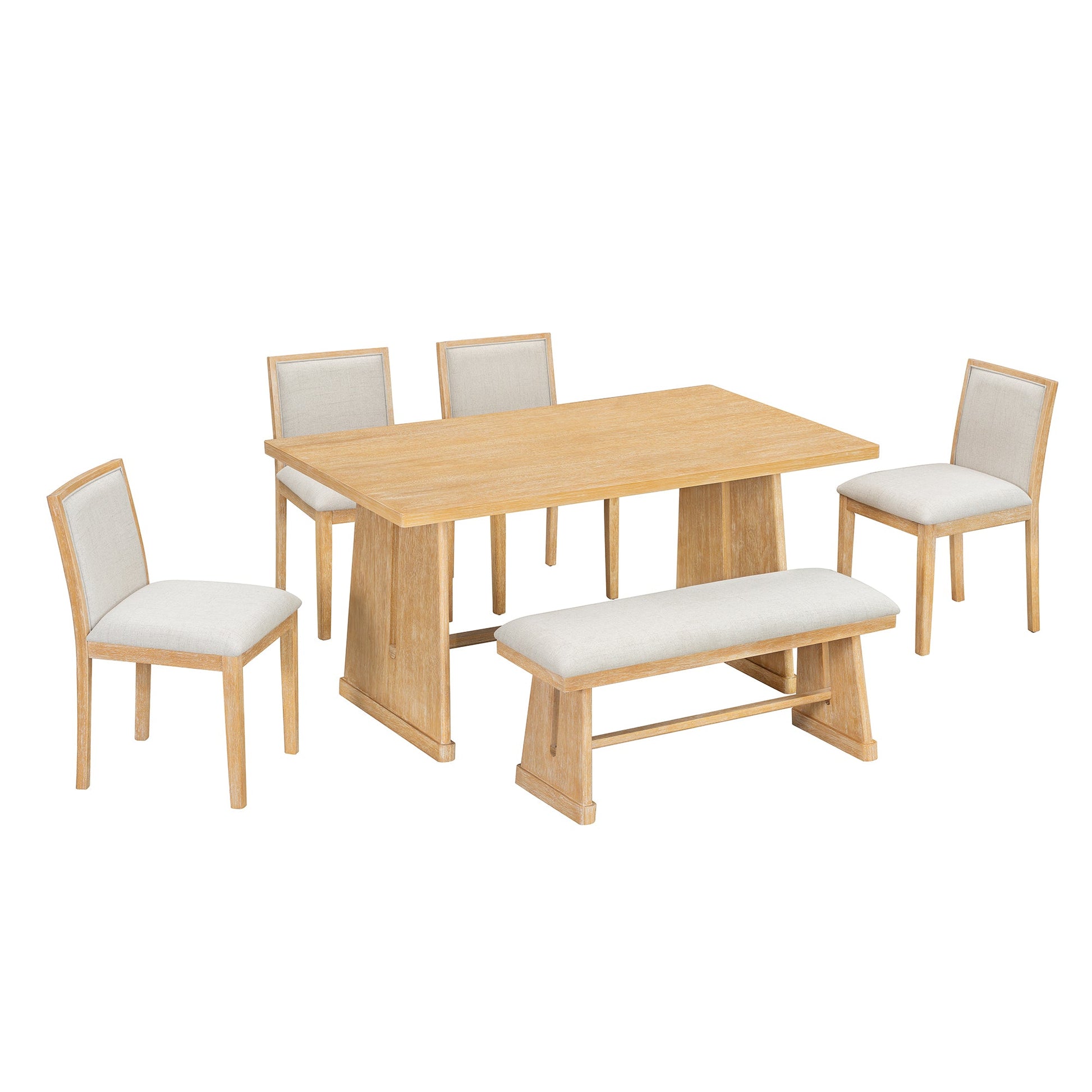 TREXM 6 - Piece Rustic Farmhouse Dining Table Set with Wire Brushed Design, Rectangular Dining Table with Trapezoid Legs, 4 Upholstered Linen Chairs & 1 Padded Bench for Dining Room & Kitchen (Natural) - 1st Choice Furniture Direct