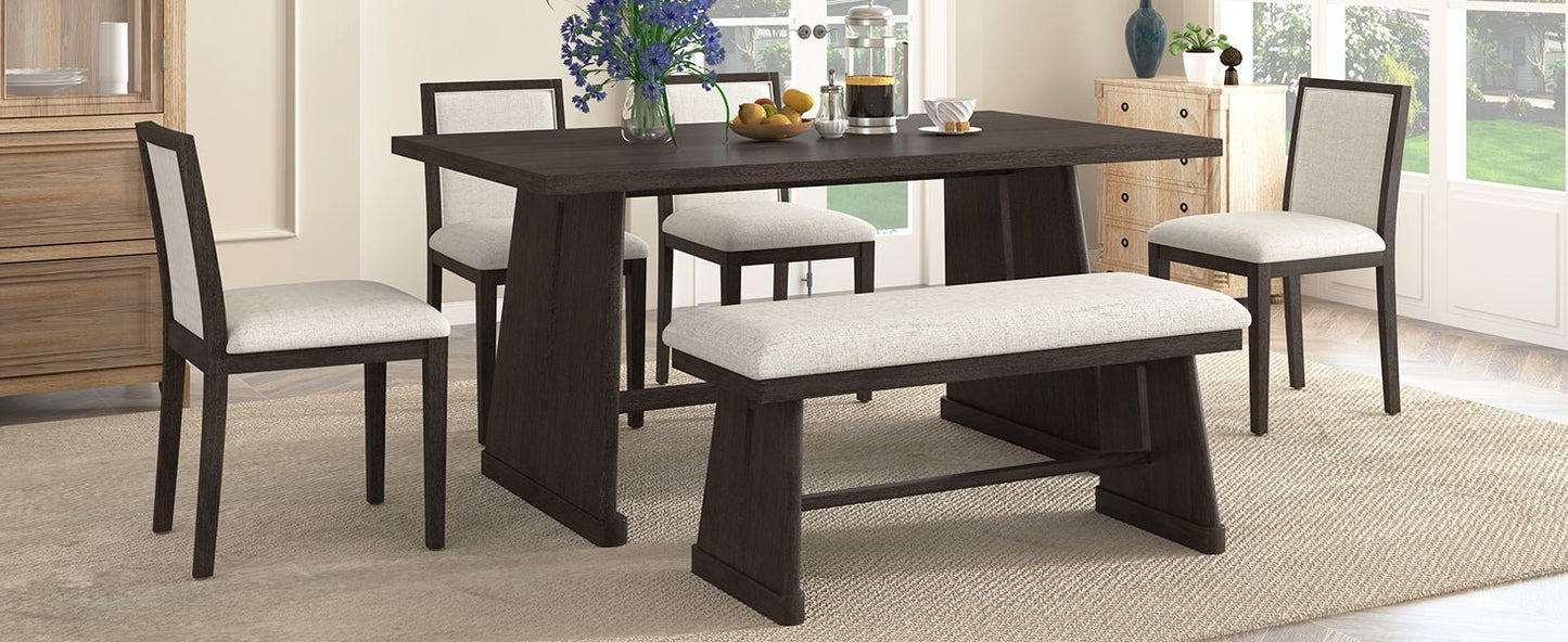 TREXM 6 - Piece Rustic Farmhouse Dining Table Set with Wire Brushed Design, Rectangular Dining Table with Trapezoid Legs, 4 Upholstered Linen Chairs & 1 Padded Bench for Dining Room & Kitchen (Espresso) - 1st Choice Furniture Direct