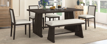 TREXM 6 - Piece Rustic Farmhouse Dining Table Set with Wire Brushed Design, Rectangular Dining Table with Trapezoid Legs, 4 Upholstered Linen Chairs & 1 Padded Bench for Dining Room & Kitchen (Espresso) - 1st Choice Furniture Direct