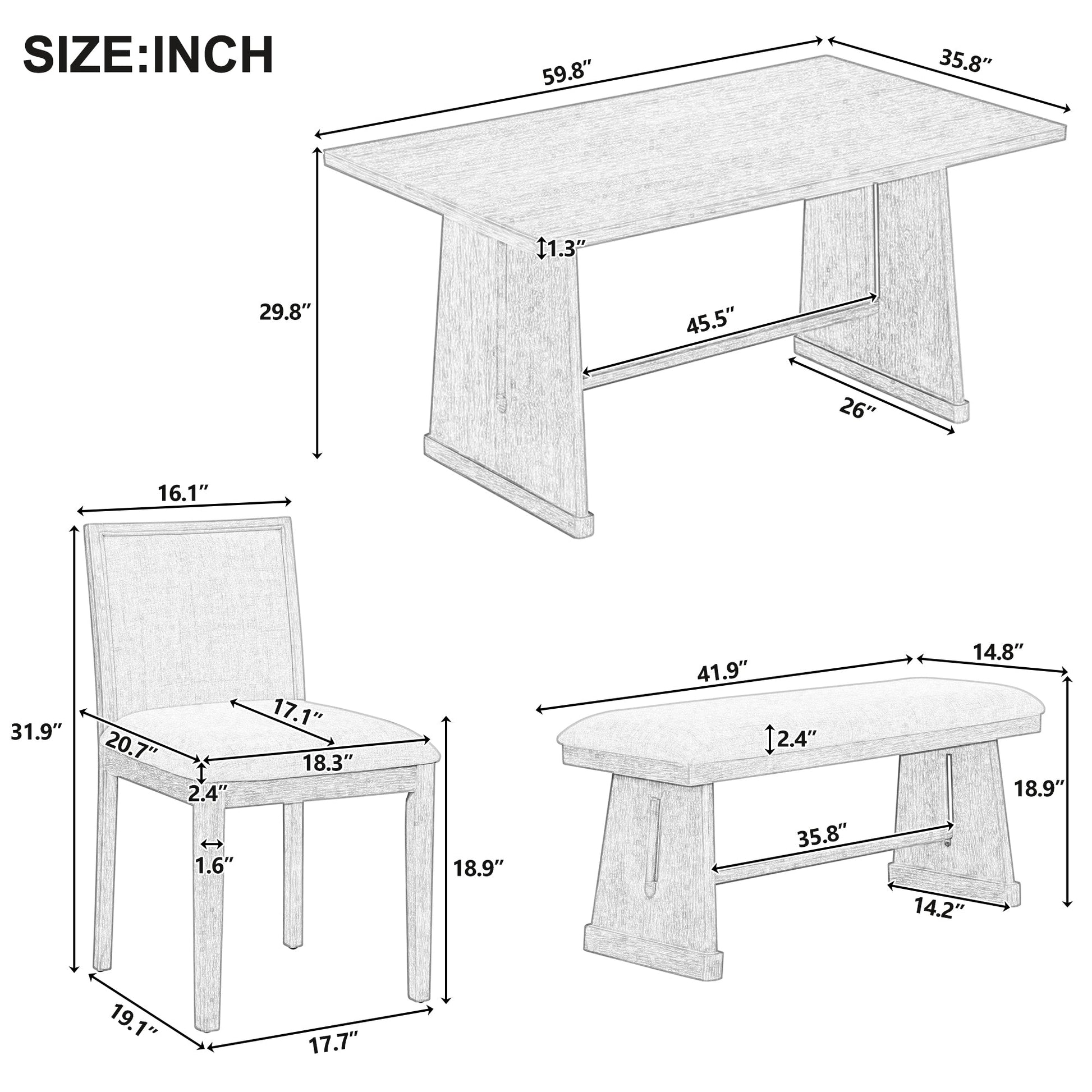 TREXM 6 - Piece Rustic Farmhouse Dining Table Set with Wire Brushed Design, Rectangular Dining Table with Trapezoid Legs, 4 Upholstered Linen Chairs & 1 Padded Bench for Dining Room & Kitchen (Natural) - 1st Choice Furniture Direct