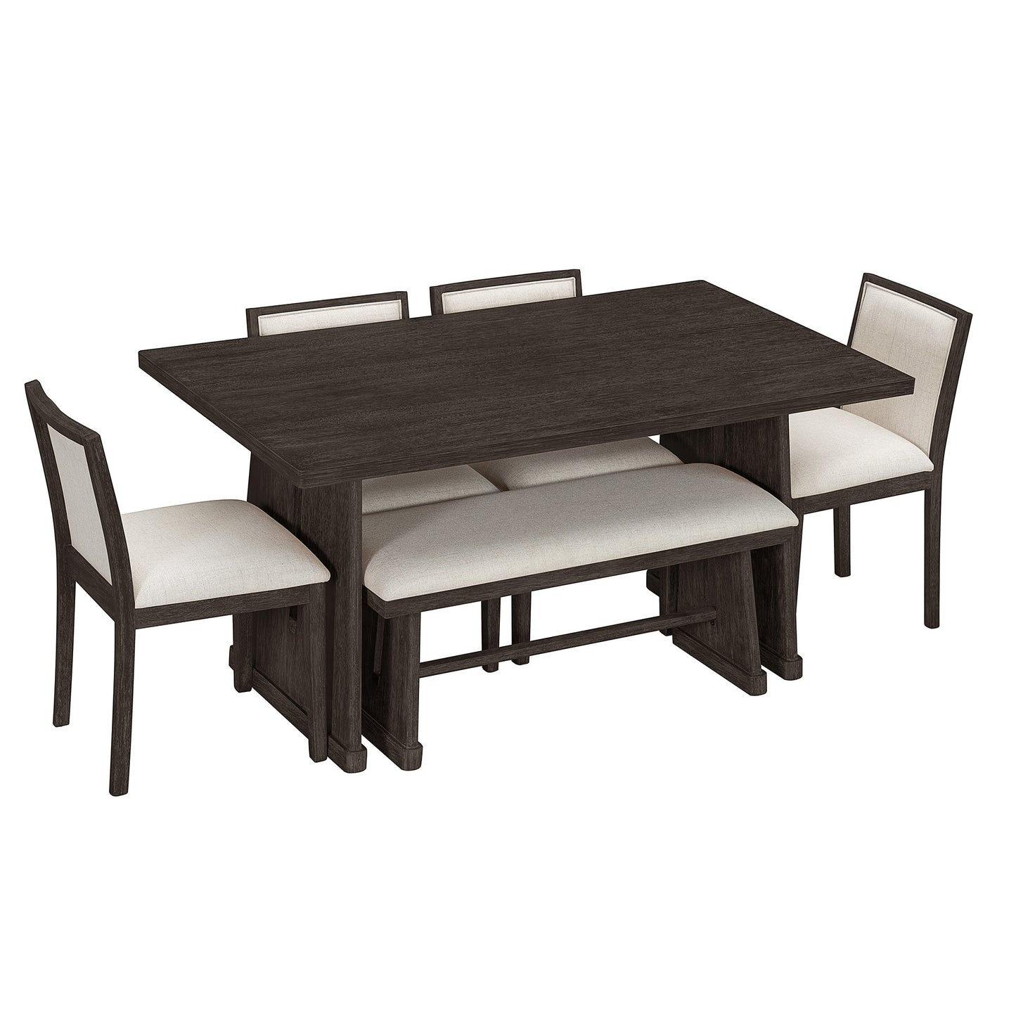 TREXM 6 - Piece Rustic Farmhouse Dining Table Set with Wire Brushed Design, Rectangular Dining Table with Trapezoid Legs, 4 Upholstered Linen Chairs & 1 Padded Bench for Dining Room & Kitchen (Espresso) - 1st Choice Furniture Direct
