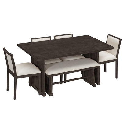 TREXM 6 - Piece Rustic Farmhouse Dining Table Set with Wire Brushed Design, Rectangular Dining Table with Trapezoid Legs, 4 Upholstered Linen Chairs & 1 Padded Bench for Dining Room & Kitchen (Espresso) - 1st Choice Furniture Direct