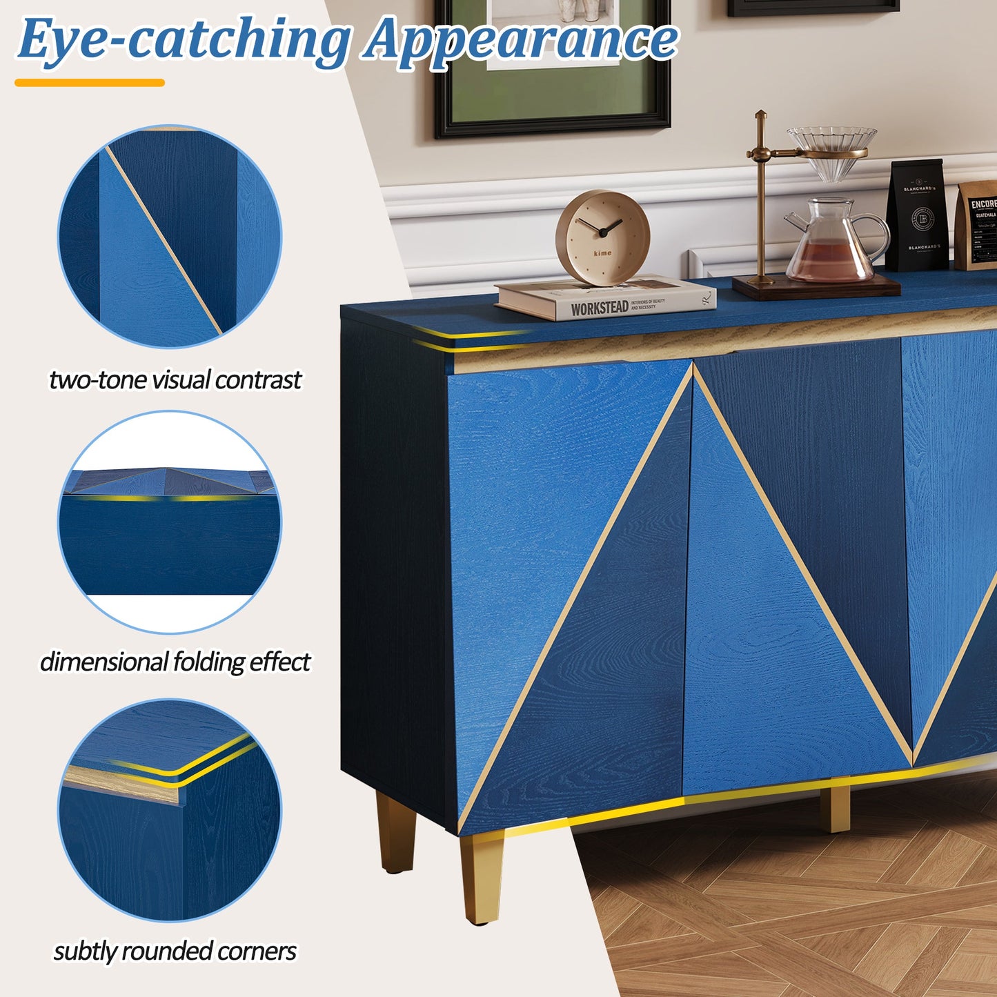 TREXM 60' Retro Buffet Cabinet with Storage, 4 - Door Vintage Sideboard Cabinet with Dimensional Effect Doors and Adjustable Shelves for Dining Room, Kitchen, and Living Room (Light and Dark Navy) - 1st Choice Furniture Direct