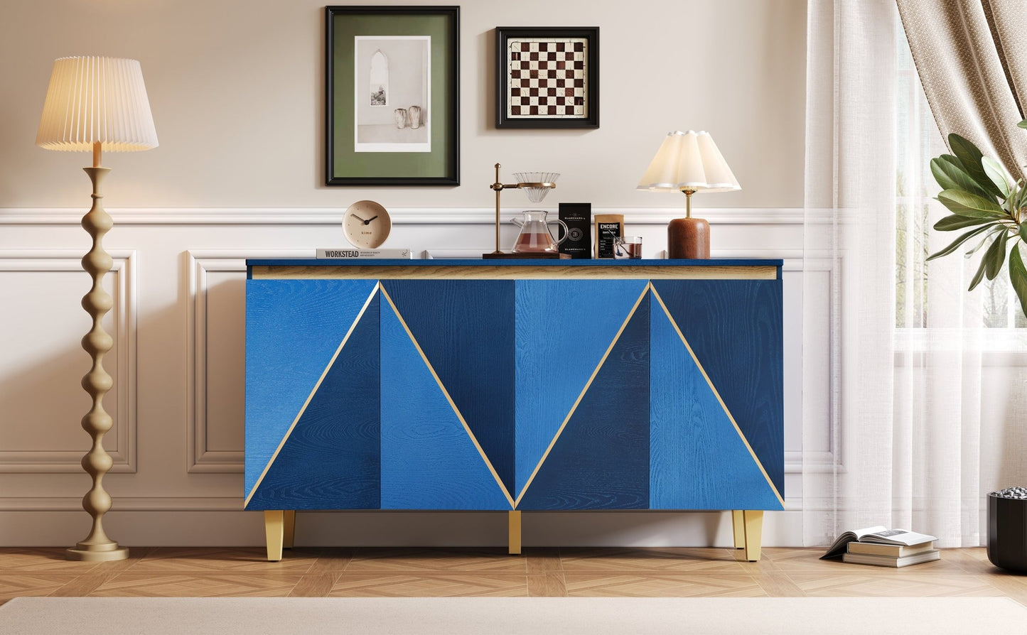 TREXM 60' Retro Buffet Cabinet with Storage, 4 - Door Vintage Sideboard Cabinet with Dimensional Effect Doors and Adjustable Shelves for Dining Room, Kitchen, and Living Room (Light and Dark Navy) - 1st Choice Furniture Direct