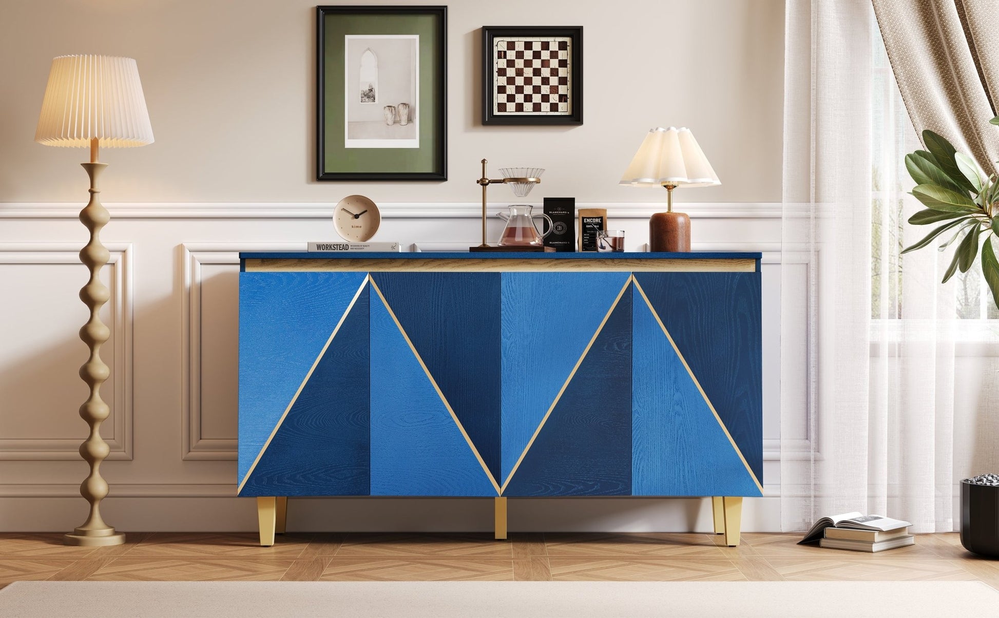 TREXM 60' Retro Buffet Cabinet with Storage, 4 - Door Vintage Sideboard Cabinet with Dimensional Effect Doors and Adjustable Shelves for Dining Room, Kitchen, and Living Room (Light and Dark Navy) - 1st Choice Furniture Direct
