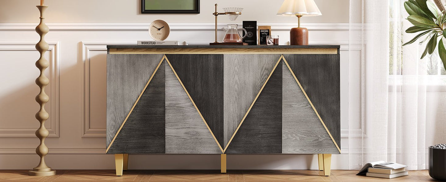 TREXM 60' Retro Buffet Cabinet with Storage, 4 - Door Vintage Sideboard Cabinet with Dimensional Effect Doors and Adjustable Shelves for Dining Room, Kitchen, and Living Room (Light and Dark Gray) - 1st Choice Furniture Direct