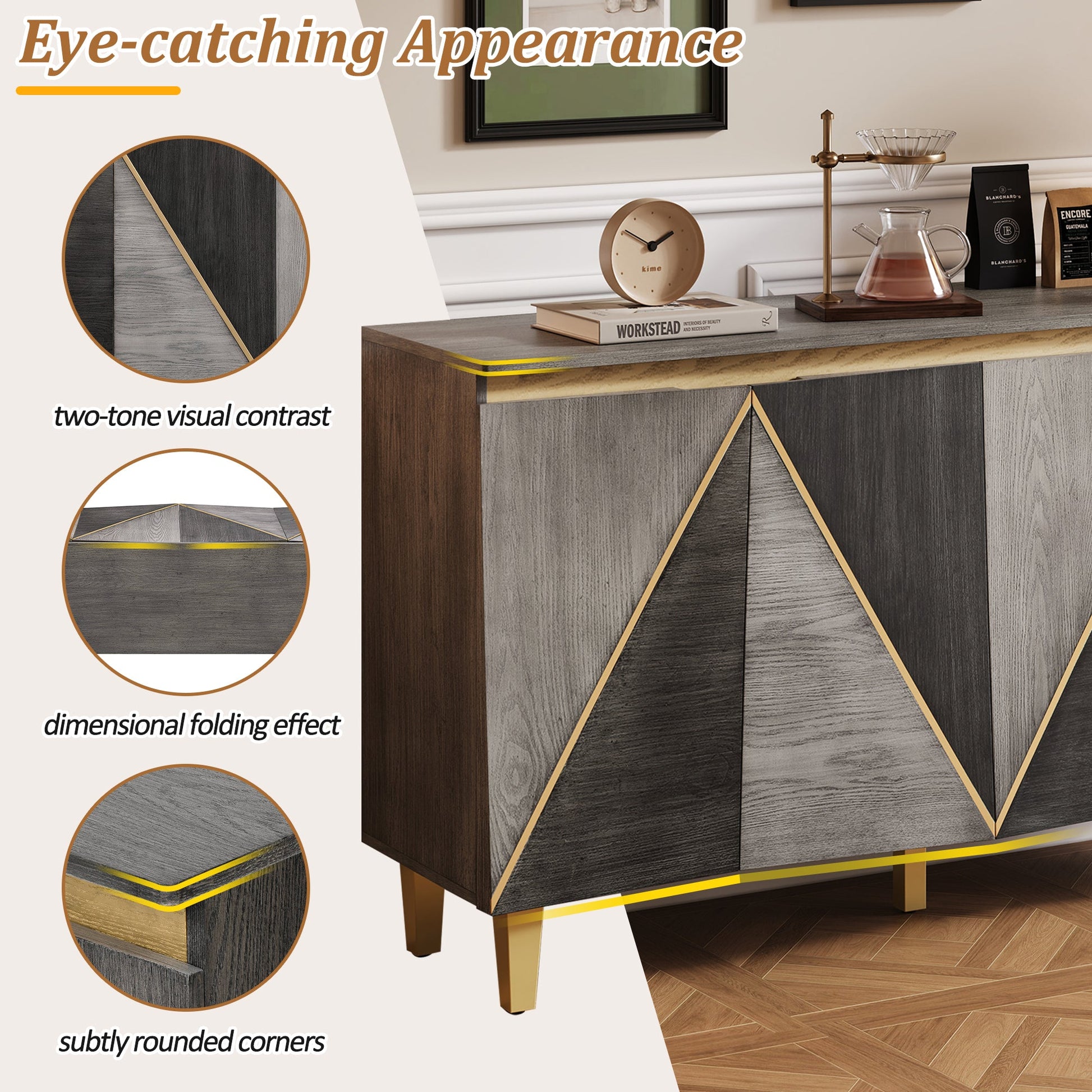 TREXM 60' Retro Buffet Cabinet with Storage, 4 - Door Vintage Sideboard Cabinet with Dimensional Effect Doors and Adjustable Shelves for Dining Room, Kitchen, and Living Room (Light and Dark Gray) - 1st Choice Furniture Direct