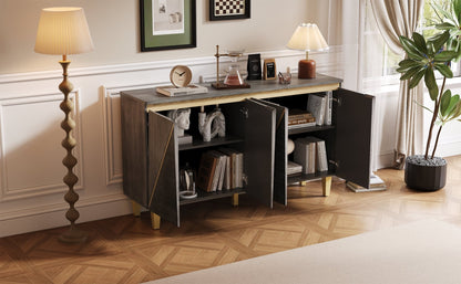 TREXM 60' Retro Buffet Cabinet with Storage, 4 - Door Vintage Sideboard Cabinet with Dimensional Effect Doors and Adjustable Shelves for Dining Room, Kitchen, and Living Room (Light and Dark Gray) - 1st Choice Furniture Direct