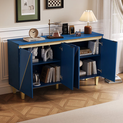 TREXM 60' Retro Buffet Cabinet with Storage, 4 - Door Vintage Sideboard Cabinet with Dimensional Effect Doors and Adjustable Shelves for Dining Room, Kitchen, and Living Room (Light and Dark Navy) - 1st Choice Furniture Direct