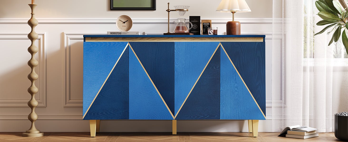 TREXM 60' Retro Buffet Cabinet with Storage, 4 - Door Vintage Sideboard Cabinet with Dimensional Effect Doors and Adjustable Shelves for Dining Room, Kitchen, and Living Room (Light and Dark Navy) - 1st Choice Furniture Direct