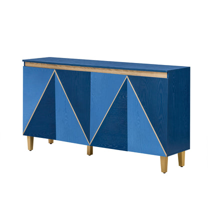 TREXM 60' Retro Buffet Cabinet with Storage, 4 - Door Vintage Sideboard Cabinet with Dimensional Effect Doors and Adjustable Shelves for Dining Room, Kitchen, and Living Room (Light and Dark Navy) - 1st Choice Furniture Direct