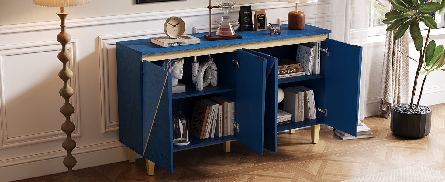 TREXM 60' Retro Buffet Cabinet with Storage, 4 - Door Vintage Sideboard Cabinet with Dimensional Effect Doors and Adjustable Shelves for Dining Room, Kitchen, and Living Room (Light and Dark Navy) - 1st Choice Furniture Direct