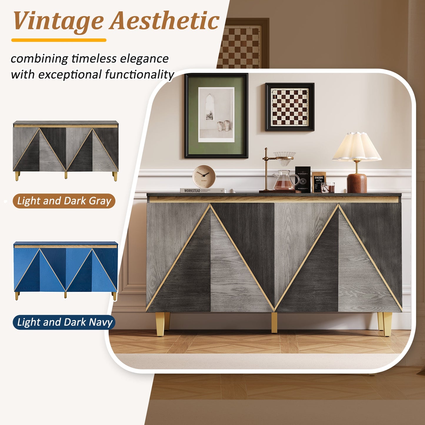 TREXM 60' Retro Buffet Cabinet with Storage, 4 - Door Vintage Sideboard Cabinet with Dimensional Effect Doors and Adjustable Shelves for Dining Room, Kitchen, and Living Room (Light and Dark Gray) - 1st Choice Furniture Direct