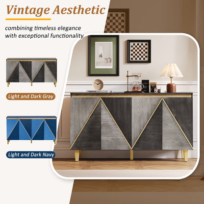 TREXM 60' Retro Buffet Cabinet with Storage, 4 - Door Vintage Sideboard Cabinet with Dimensional Effect Doors and Adjustable Shelves for Dining Room, Kitchen, and Living Room (Light and Dark Gray) - 1st Choice Furniture Direct
