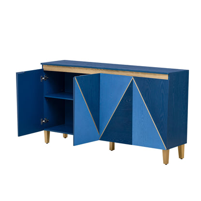 TREXM 60' Retro Buffet Cabinet with Storage, 4 - Door Vintage Sideboard Cabinet with Dimensional Effect Doors and Adjustable Shelves for Dining Room, Kitchen, and Living Room (Light and Dark Navy) - 1st Choice Furniture Direct