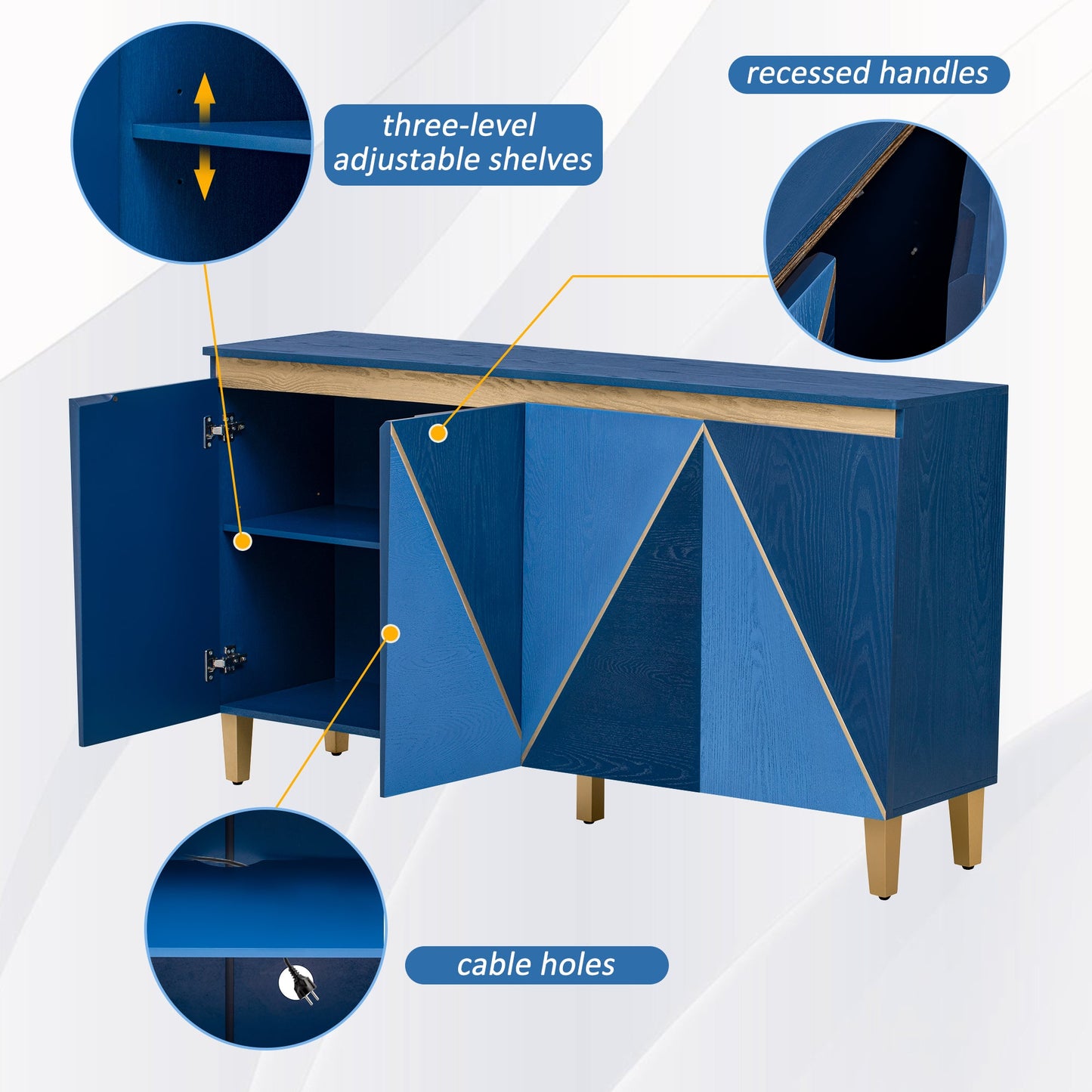 TREXM 60' Retro Buffet Cabinet with Storage, 4 - Door Vintage Sideboard Cabinet with Dimensional Effect Doors and Adjustable Shelves for Dining Room, Kitchen, and Living Room (Light and Dark Navy) - 1st Choice Furniture Direct
