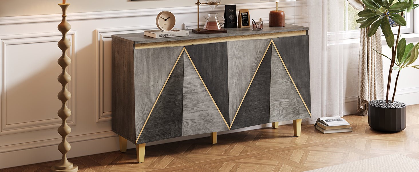 TREXM 60' Retro Buffet Cabinet with Storage, 4 - Door Vintage Sideboard Cabinet with Dimensional Effect Doors and Adjustable Shelves for Dining Room, Kitchen, and Living Room (Light and Dark Gray) - 1st Choice Furniture Direct