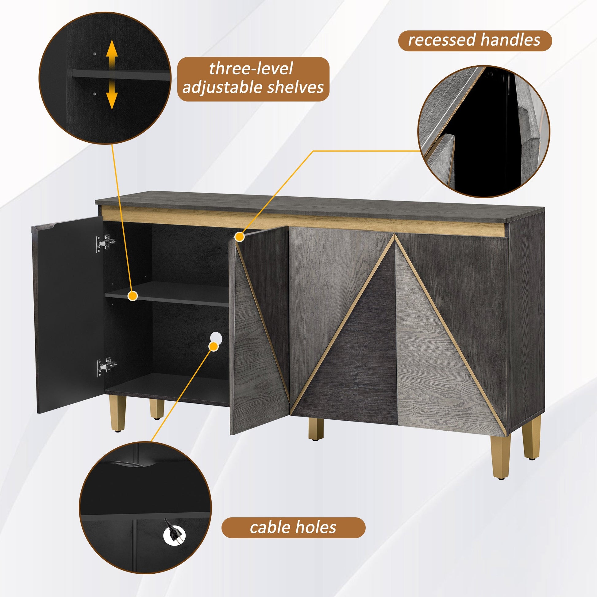 TREXM 60' Retro Buffet Cabinet with Storage, 4 - Door Vintage Sideboard Cabinet with Dimensional Effect Doors and Adjustable Shelves for Dining Room, Kitchen, and Living Room (Light and Dark Gray) - 1st Choice Furniture Direct