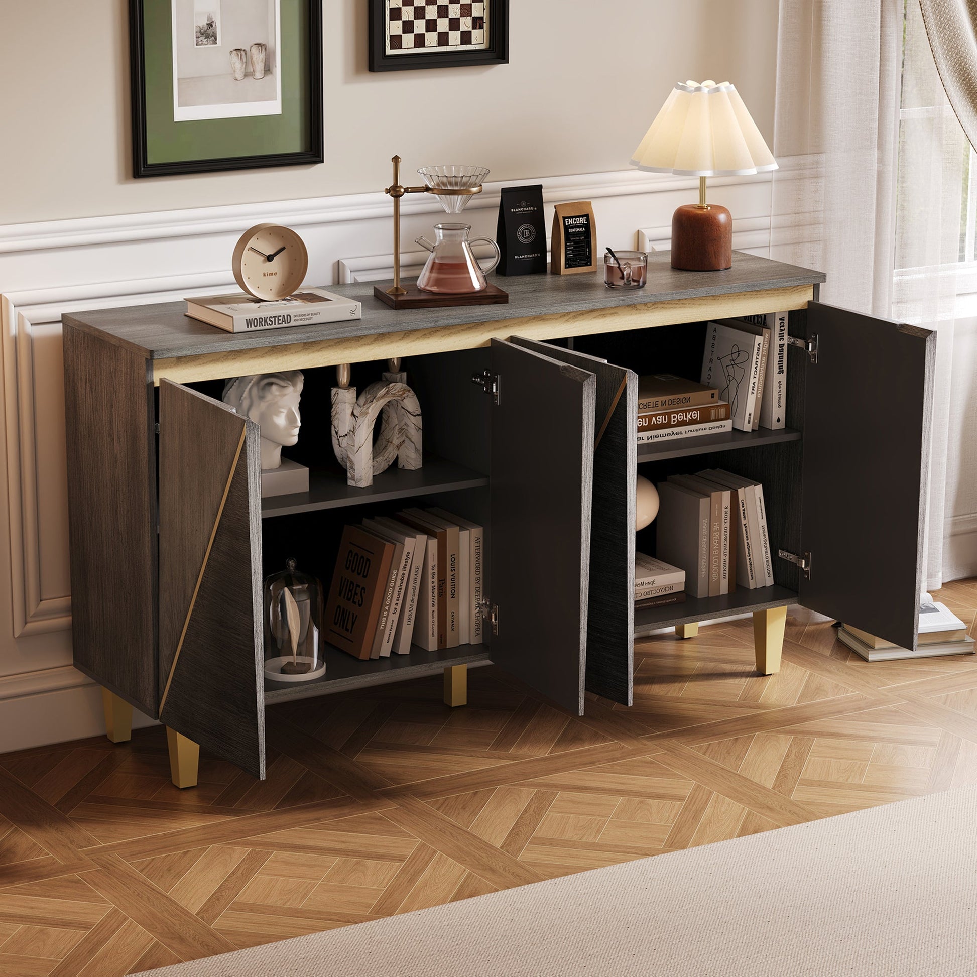 TREXM 60' Retro Buffet Cabinet with Storage, 4 - Door Vintage Sideboard Cabinet with Dimensional Effect Doors and Adjustable Shelves for Dining Room, Kitchen, and Living Room (Light and Dark Gray) - 1st Choice Furniture Direct