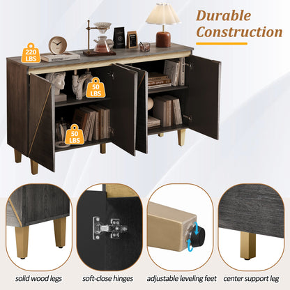 TREXM 60' Retro Buffet Cabinet with Storage, 4 - Door Vintage Sideboard Cabinet with Dimensional Effect Doors and Adjustable Shelves for Dining Room, Kitchen, and Living Room (Light and Dark Gray) - 1st Choice Furniture Direct