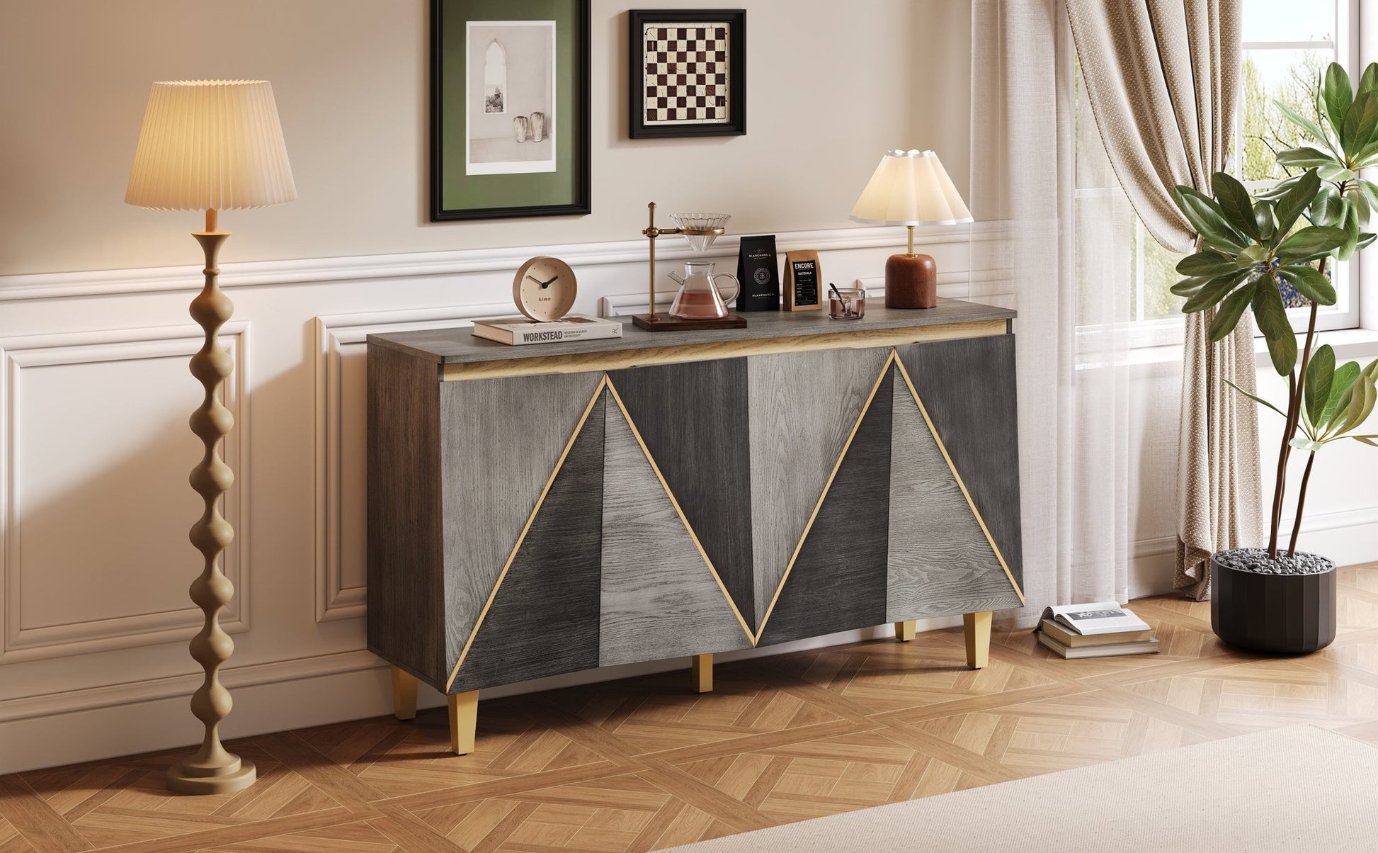 TREXM 60' Retro Buffet Cabinet with Storage, 4 - Door Vintage Sideboard Cabinet with Dimensional Effect Doors and Adjustable Shelves for Dining Room, Kitchen, and Living Room (Light and Dark Gray) - 1st Choice Furniture Direct