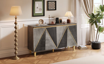TREXM 60' Retro Buffet Cabinet with Storage, 4 - Door Vintage Sideboard Cabinet with Dimensional Effect Doors and Adjustable Shelves for Dining Room, Kitchen, and Living Room (Light and Dark Gray) - 1st Choice Furniture Direct
