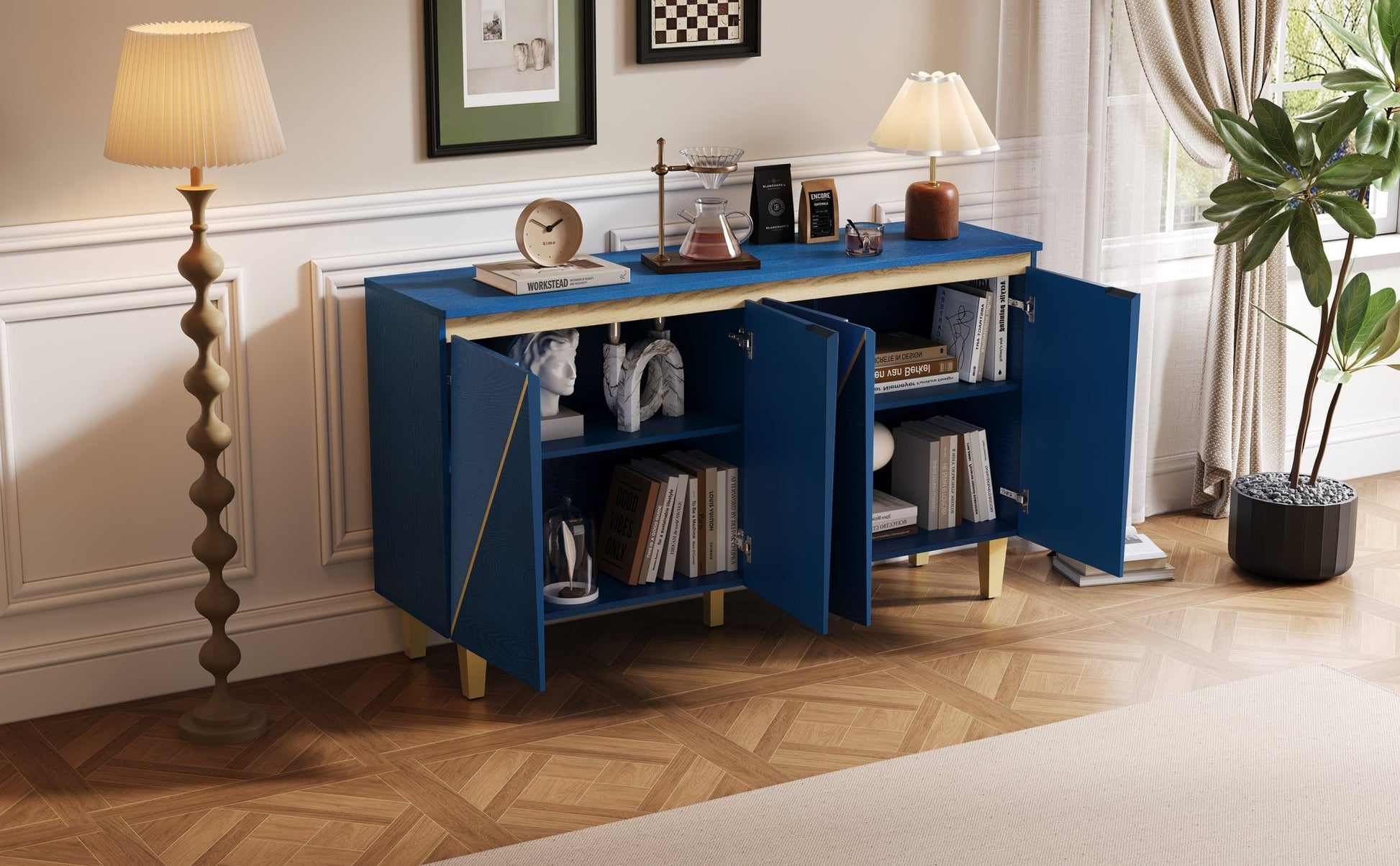 TREXM 60' Retro Buffet Cabinet with Storage, 4 - Door Vintage Sideboard Cabinet with Dimensional Effect Doors and Adjustable Shelves for Dining Room, Kitchen, and Living Room (Light and Dark Navy) - 1st Choice Furniture Direct