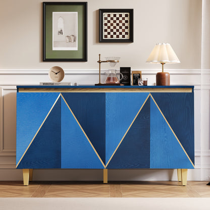 TREXM 60' Retro Buffet Cabinet with Storage, 4 - Door Vintage Sideboard Cabinet with Dimensional Effect Doors and Adjustable Shelves for Dining Room, Kitchen, and Living Room (Light and Dark Navy) - 1st Choice Furniture Direct