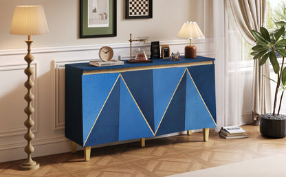 TREXM 60' Retro Buffet Cabinet with Storage, 4 - Door Vintage Sideboard Cabinet with Dimensional Effect Doors and Adjustable Shelves for Dining Room, Kitchen, and Living Room (Light and Dark Navy) - 1st Choice Furniture Direct