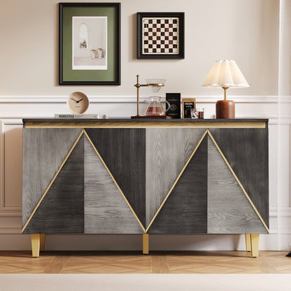 TREXM 60' Retro Buffet Cabinet with Storage, 4 - Door Vintage Sideboard Cabinet with Dimensional Effect Doors and Adjustable Shelves for Dining Room, Kitchen, and Living Room (Light and Dark Gray) - 1st Choice Furniture Direct