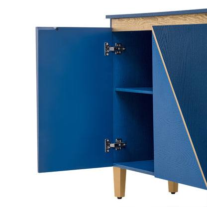 TREXM 60' Retro Buffet Cabinet with Storage, 4 - Door Vintage Sideboard Cabinet with Dimensional Effect Doors and Adjustable Shelves for Dining Room, Kitchen, and Living Room (Light and Dark Navy) - 1st Choice Furniture Direct
