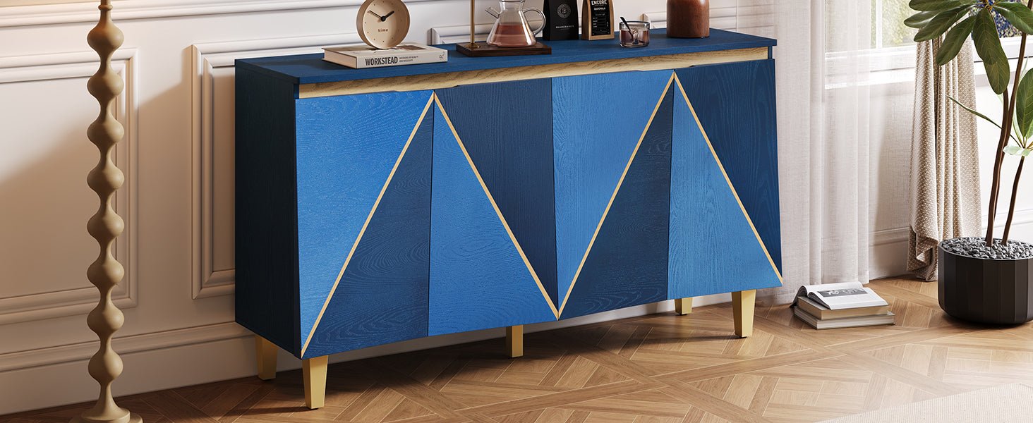 TREXM 60' Retro Buffet Cabinet with Storage, 4 - Door Vintage Sideboard Cabinet with Dimensional Effect Doors and Adjustable Shelves for Dining Room, Kitchen, and Living Room (Light and Dark Navy) - 1st Choice Furniture Direct