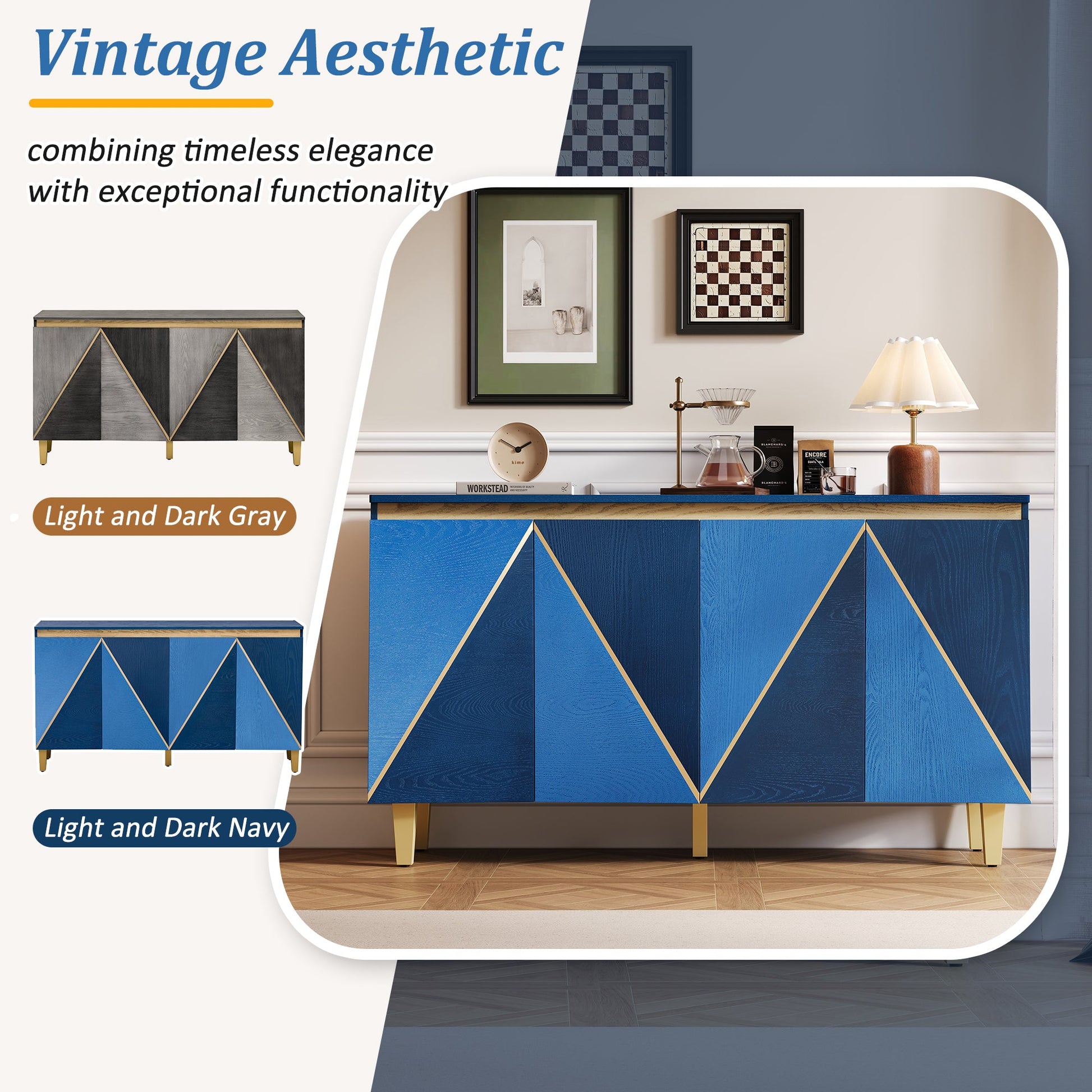 TREXM 60' Retro Buffet Cabinet with Storage, 4 - Door Vintage Sideboard Cabinet with Dimensional Effect Doors and Adjustable Shelves for Dining Room, Kitchen, and Living Room (Light and Dark Navy) - 1st Choice Furniture Direct