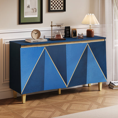 TREXM 60' Retro Buffet Cabinet with Storage, 4 - Door Vintage Sideboard Cabinet with Dimensional Effect Doors and Adjustable Shelves for Dining Room, Kitchen, and Living Room (Light and Dark Navy) - 1st Choice Furniture Direct