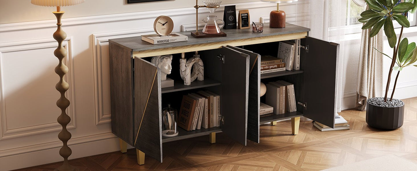 TREXM 60' Retro Buffet Cabinet with Storage, 4 - Door Vintage Sideboard Cabinet with Dimensional Effect Doors and Adjustable Shelves for Dining Room, Kitchen, and Living Room (Light and Dark Gray) - 1st Choice Furniture Direct